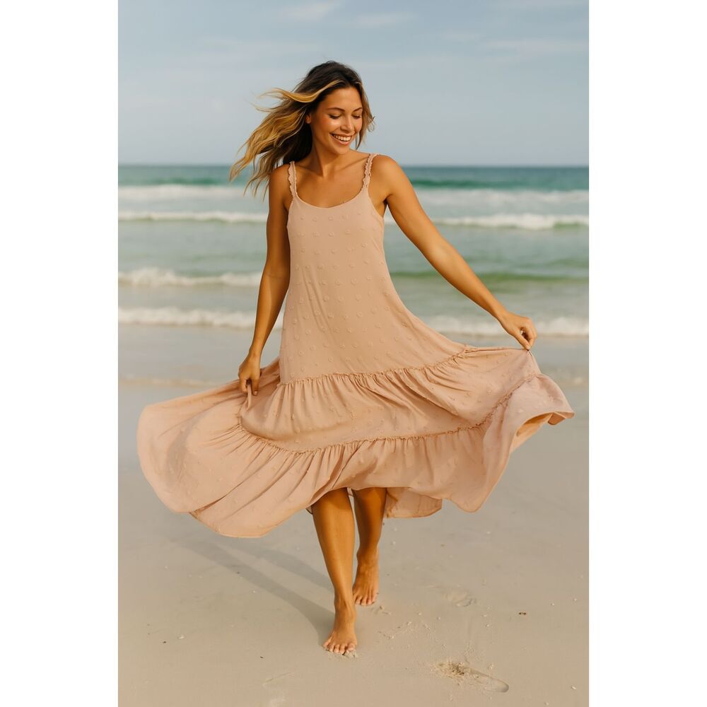 Boho Pink Cream Sleeveless Chenille Embellished Maxi Dress
